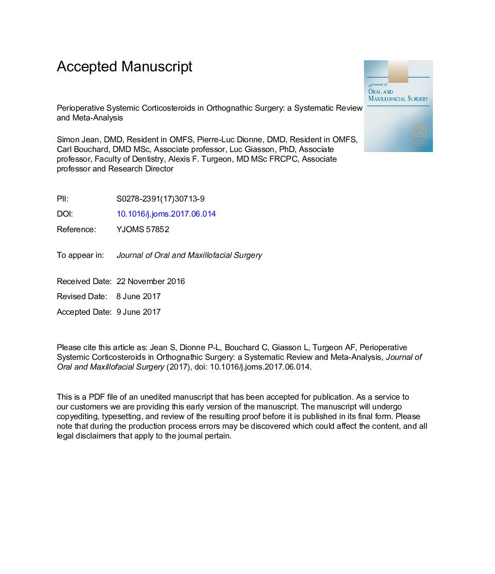 Perioperative Systemic Corticosteroids in Orthognathic Surgery: A Systematic Review and Meta-Analysis