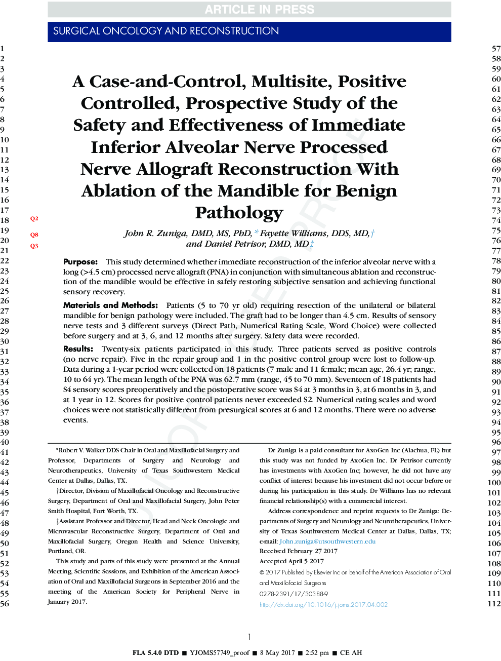 A Case-and-Control, Multisite, Positive Controlled, Prospective Study of the Safety and Effectiveness of Immediate Inferior Alveolar Nerve Processed Nerve Allograft Reconstruction With Ablation of the Mandible for Benign Pathology