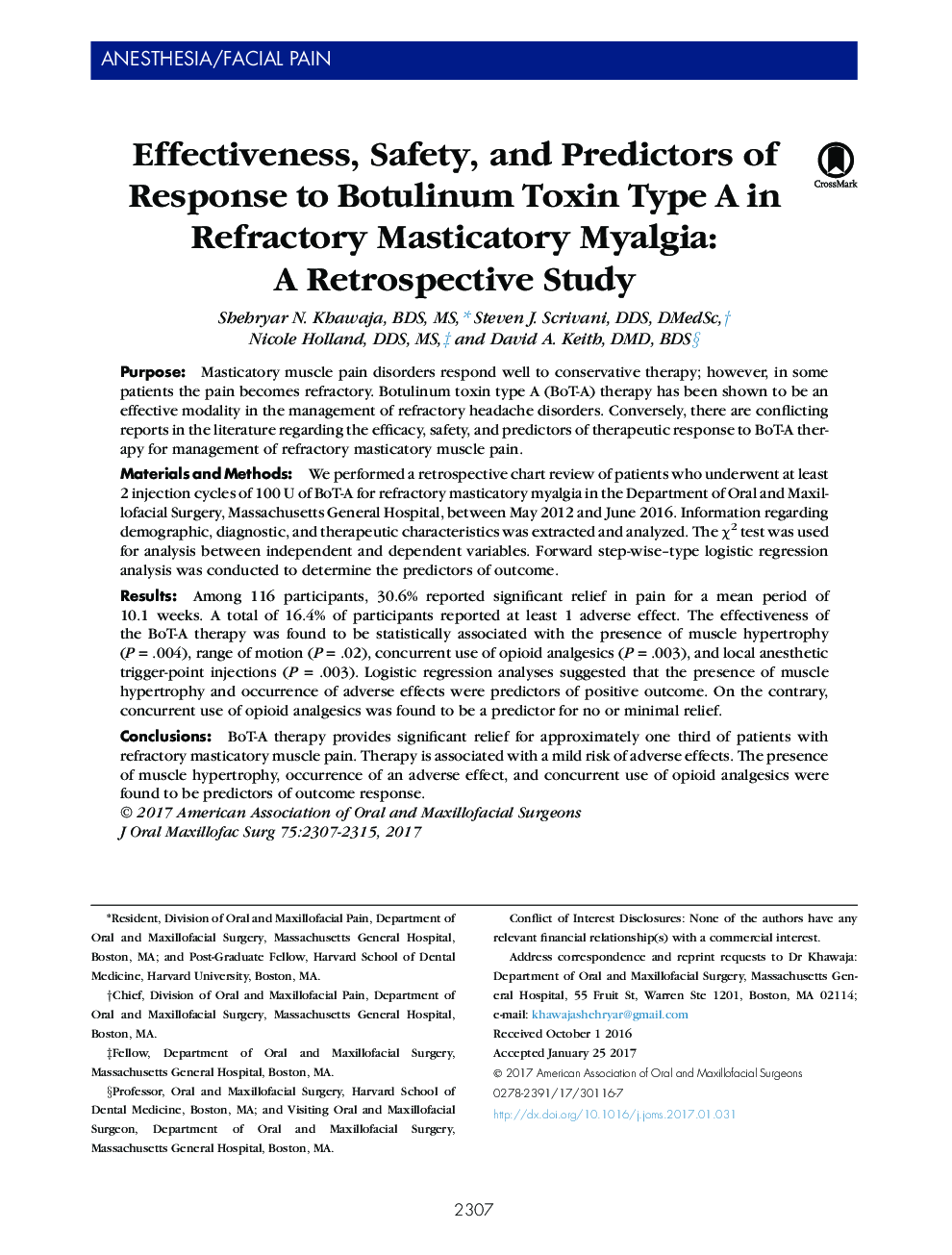 Effectiveness, Safety, and Predictors of Response to Botulinum Toxin Type A in Refractory Masticatory Myalgia: A Retrospective Study