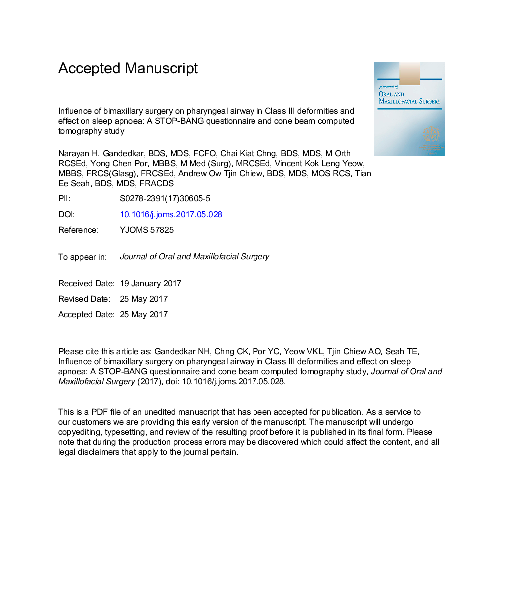 Influence of Bimaxillary Surgery on Pharyngeal Airway in Class III Deformities and Effect on Sleep Apnea: A STOP-BANG Questionnaire and Cone-Beam Computed Tomography Study