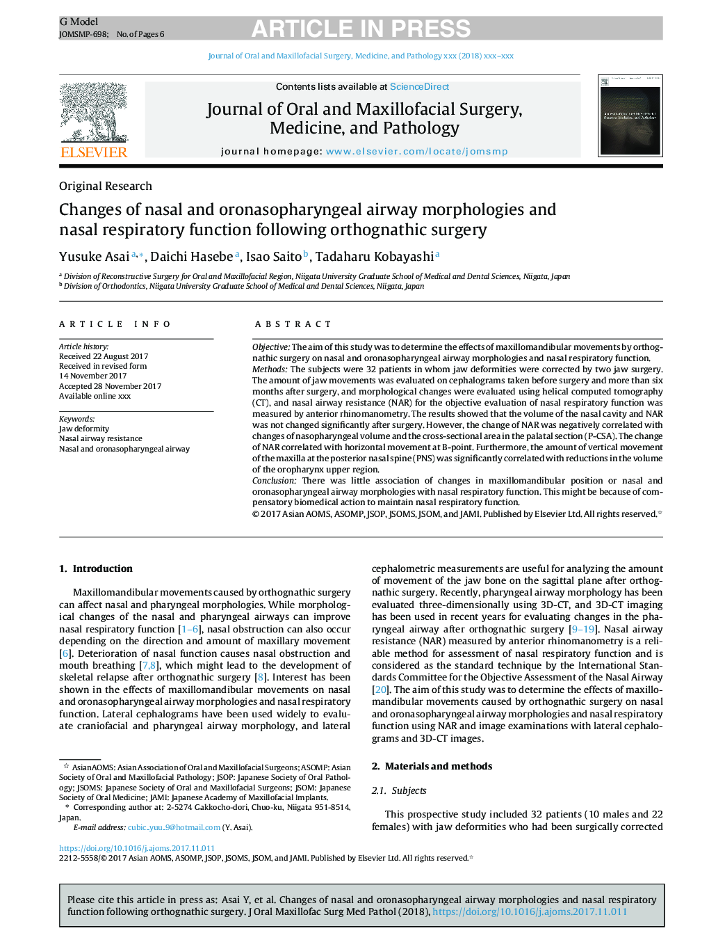 Changes of nasal and oronasopharyngeal airway morphologies and nasal respiratory function following orthognathic surgery