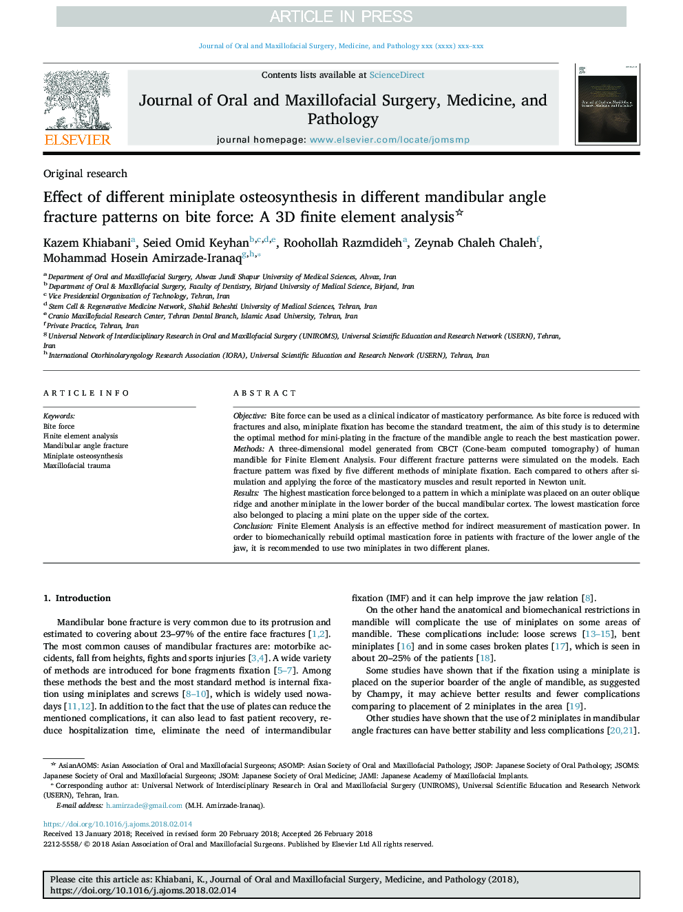 Effect of different miniplate osteosynthesis in different mandibular angle fracture patterns on bite force: A 3D finite element analysis