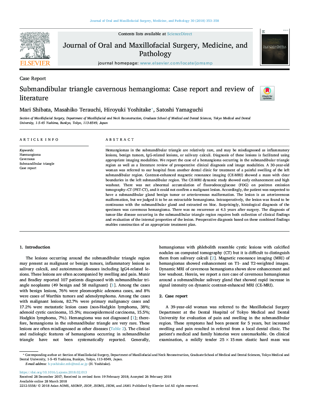 Submandibular triangle cavernous hemangioma: Case report and review of literature