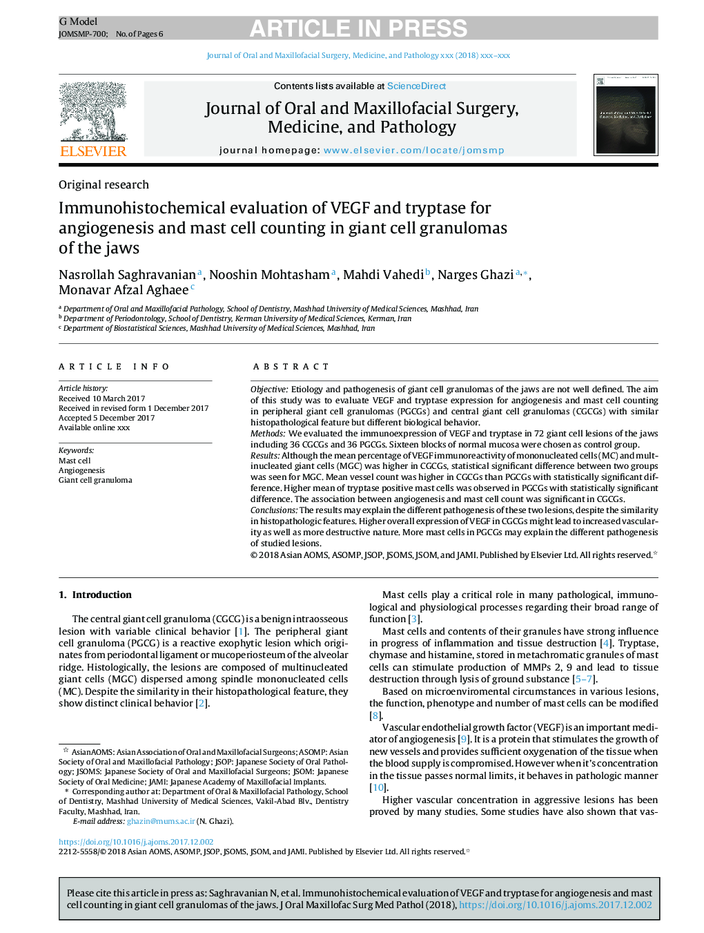 Immunohistochemical evaluation of VEGF and tryptase for angiogenesis and mast cell counting in giant cell granulomas of the jaws