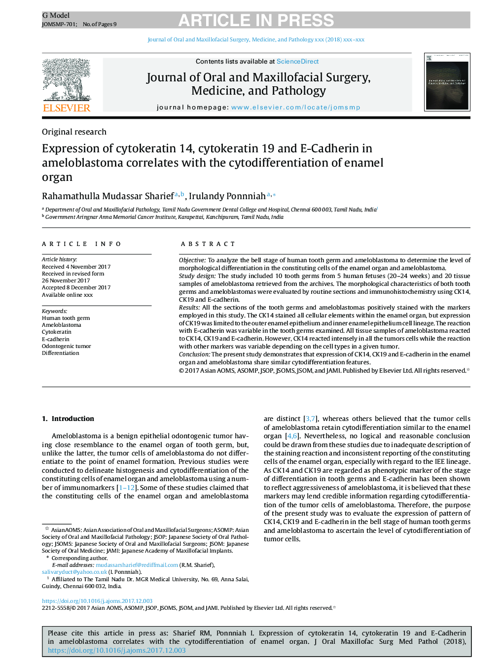 Expression of cytokeratin 14, cytokeratin 19 and E-Cadherin in ameloblastoma correlates with the cytodifferentiation of enamel organ