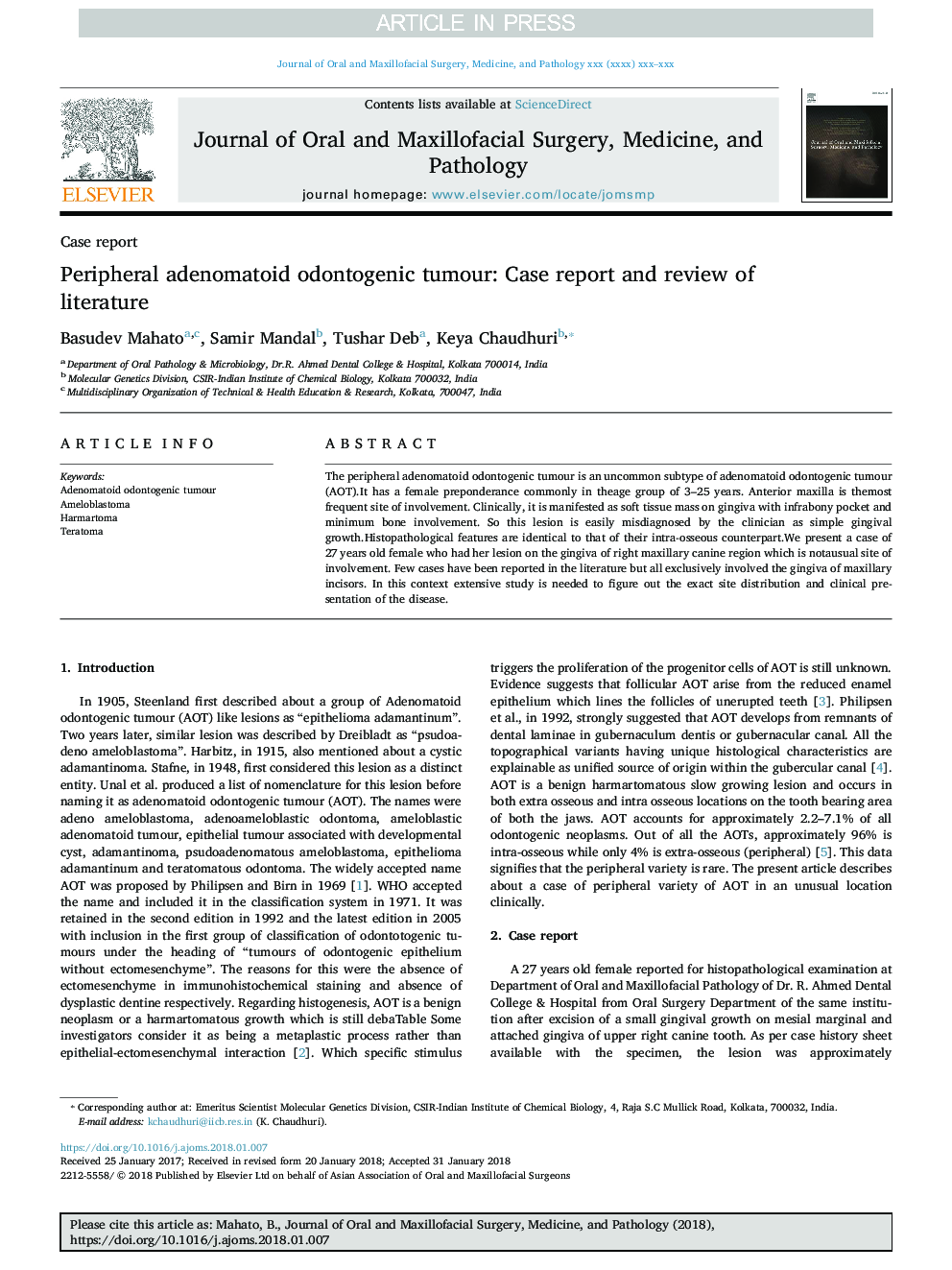 Peripheral adenomatoid odontogenic tumour: Case report and review of literature