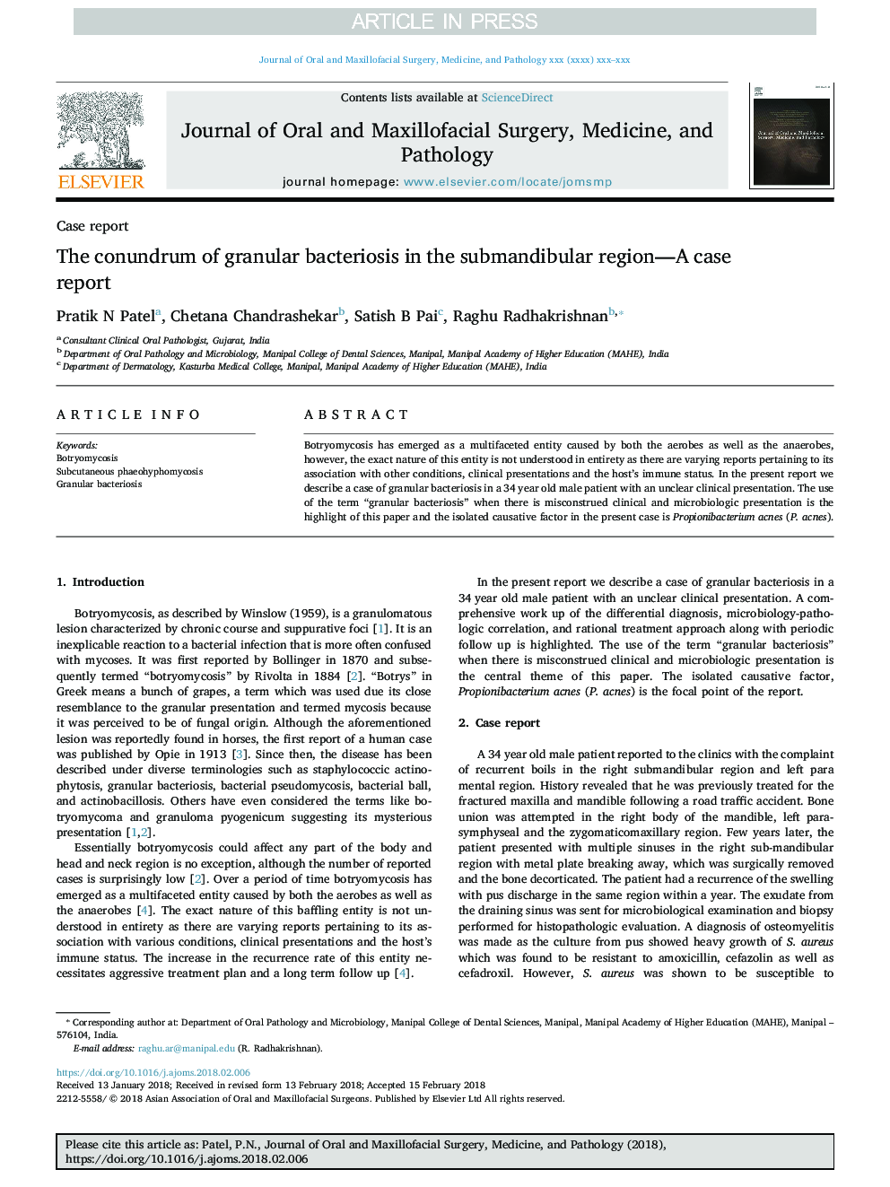 The conundrum of granular bacteriosis in the submandibular region-A case report