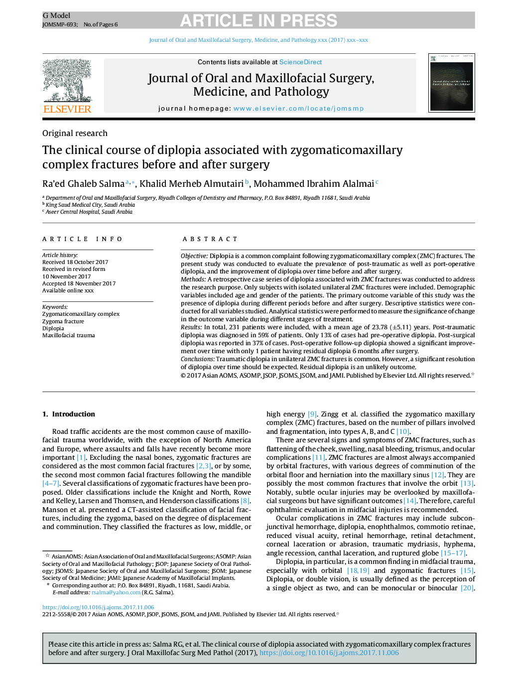 The clinical course of diplopia associated with zygomaticomaxillary complex fractures before and after surgery