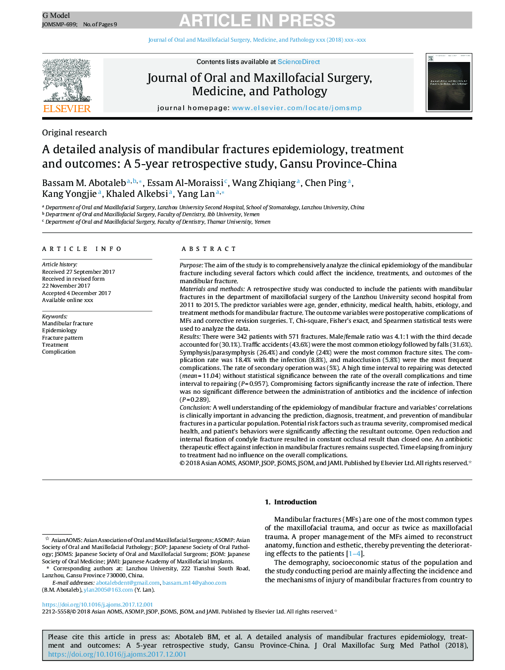 A detailed analysis of mandibular fractures epidemiology, treatment and outcomes: A 5-year retrospective study, Gansu Province-China