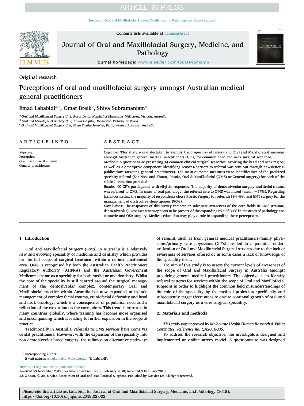 Perceptions of oral and maxillofacial surgery amongst Australian medical general practitioners