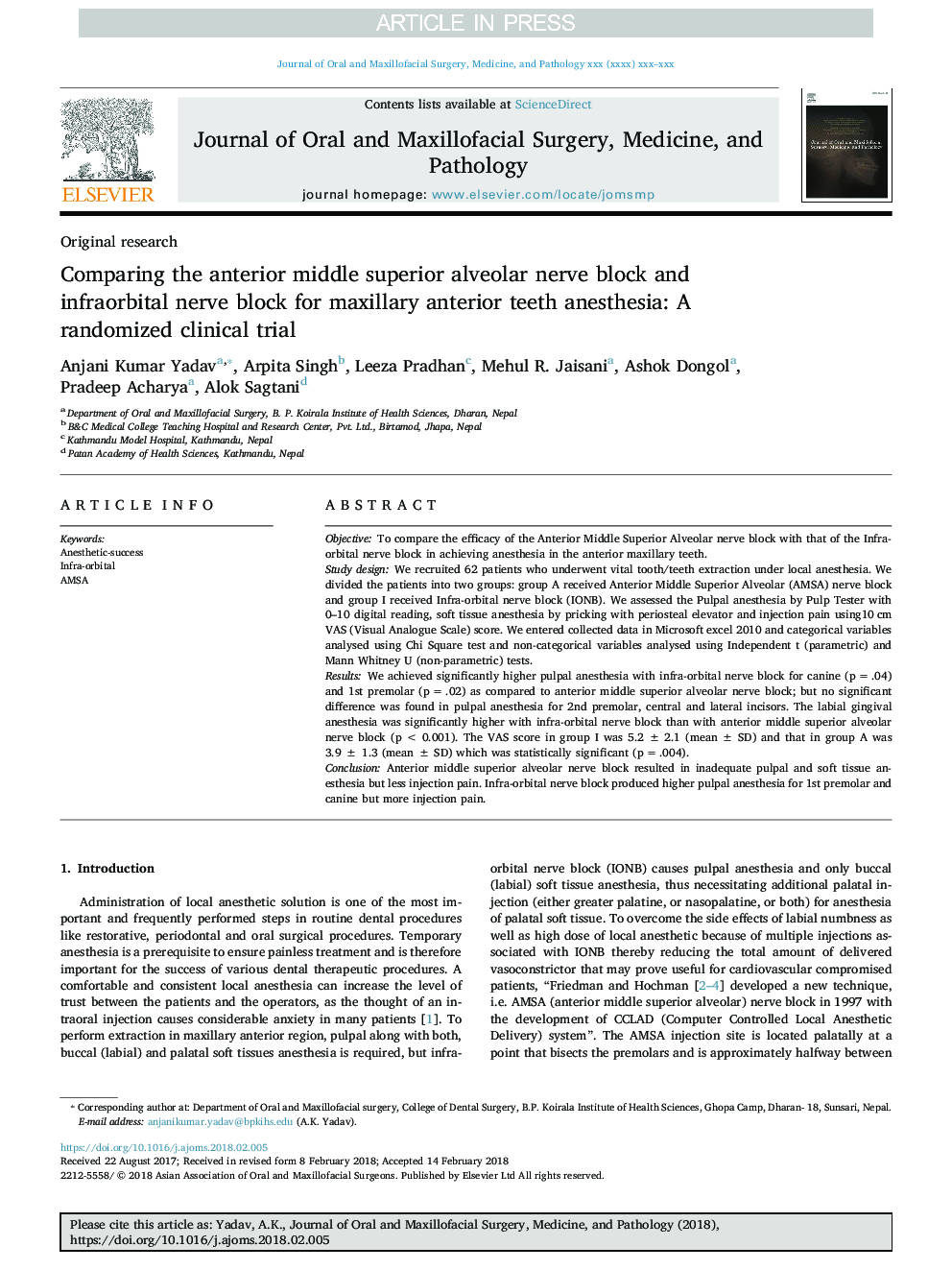 Comparing the anterior middle superior alveolar nerve block and infraorbital nerve block for maxillary anterior teeth anesthesia: A randomized clinical trial