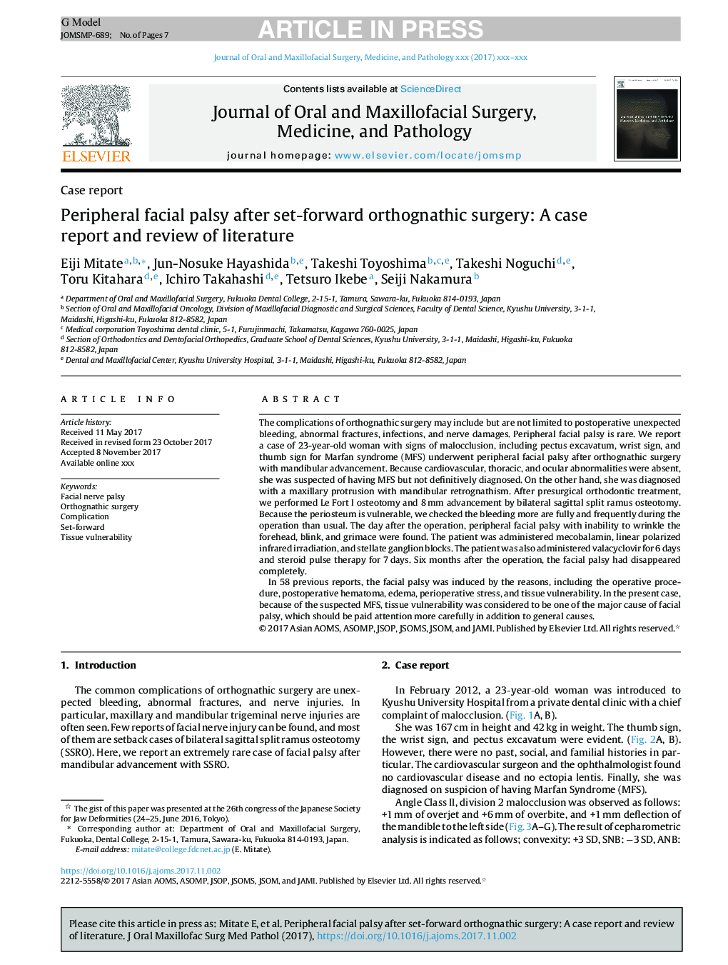 Peripheral facial palsy after set-forward orthognathic surgery: A case report and review of literature