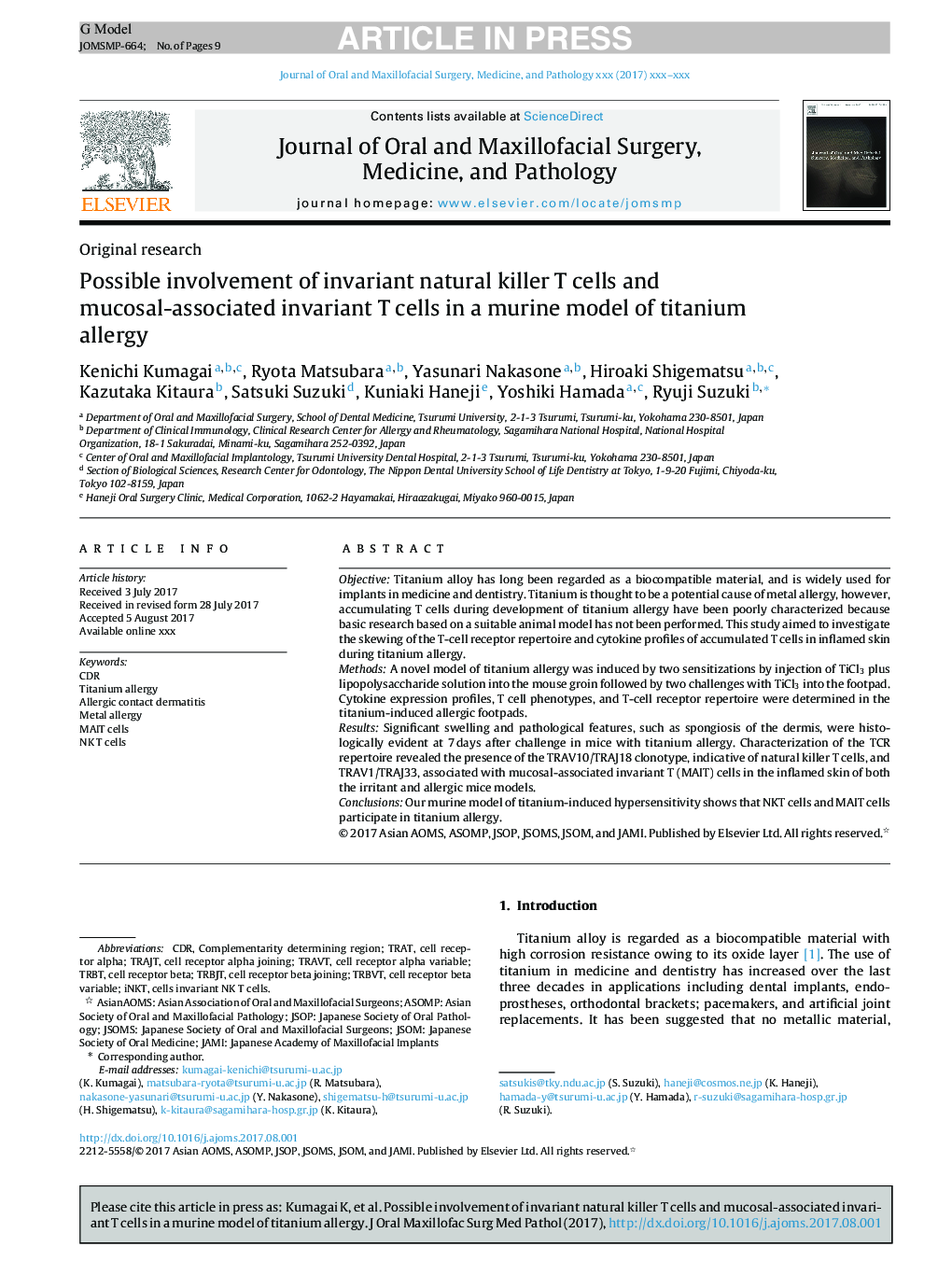 Possible involvement of invariant natural killer T cells and mucosal-associated invariant T cells in a murine model of titanium allergy