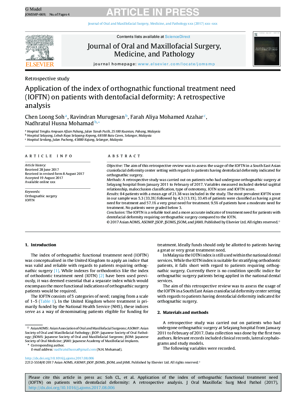 Application of the index of orthognathic functional treatment need (IOFTN) on patients with dentofacial deformity: A retrospective analysis