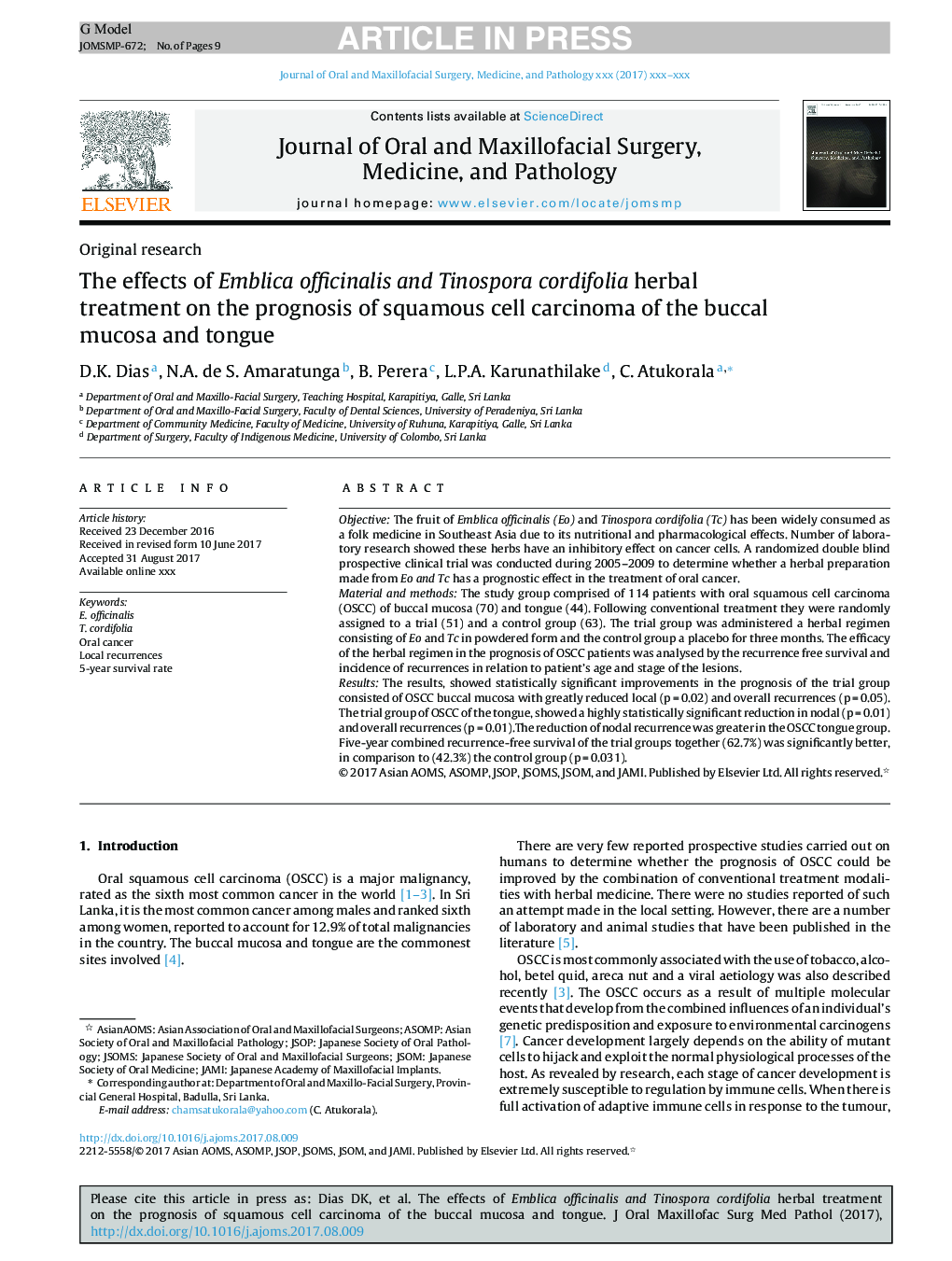 The effects of Emblica officinalis and Tinospora cordifolia herbal treatment on the prognosis of squamous cell carcinoma of the buccal mucosa and tongue