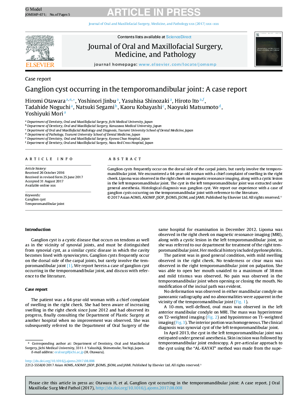 Ganglion cyst occurring in the temporomandibular joint: A case report