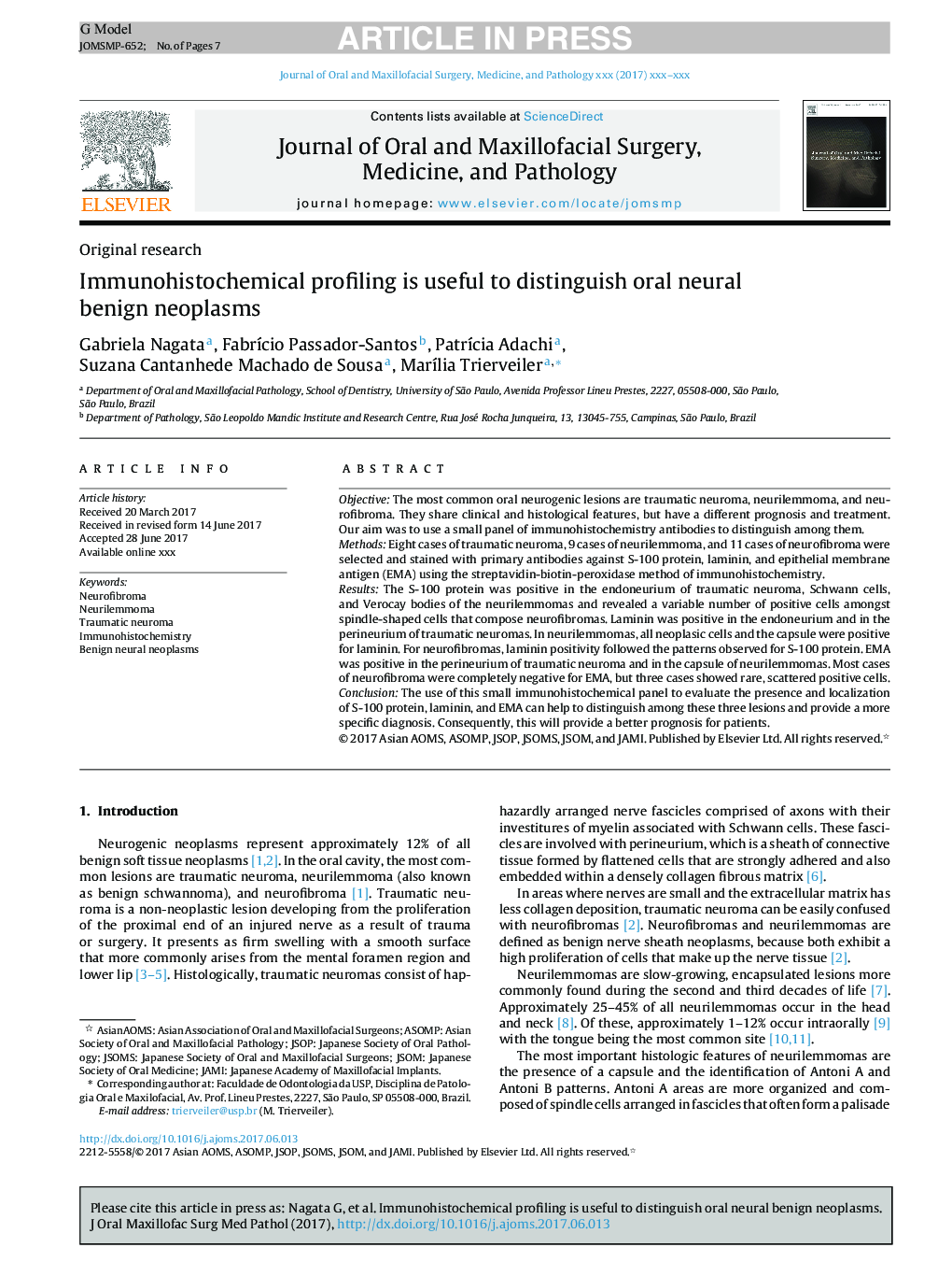 Immunohistochemical profiling is useful to distinguish oral neural benign neoplasms