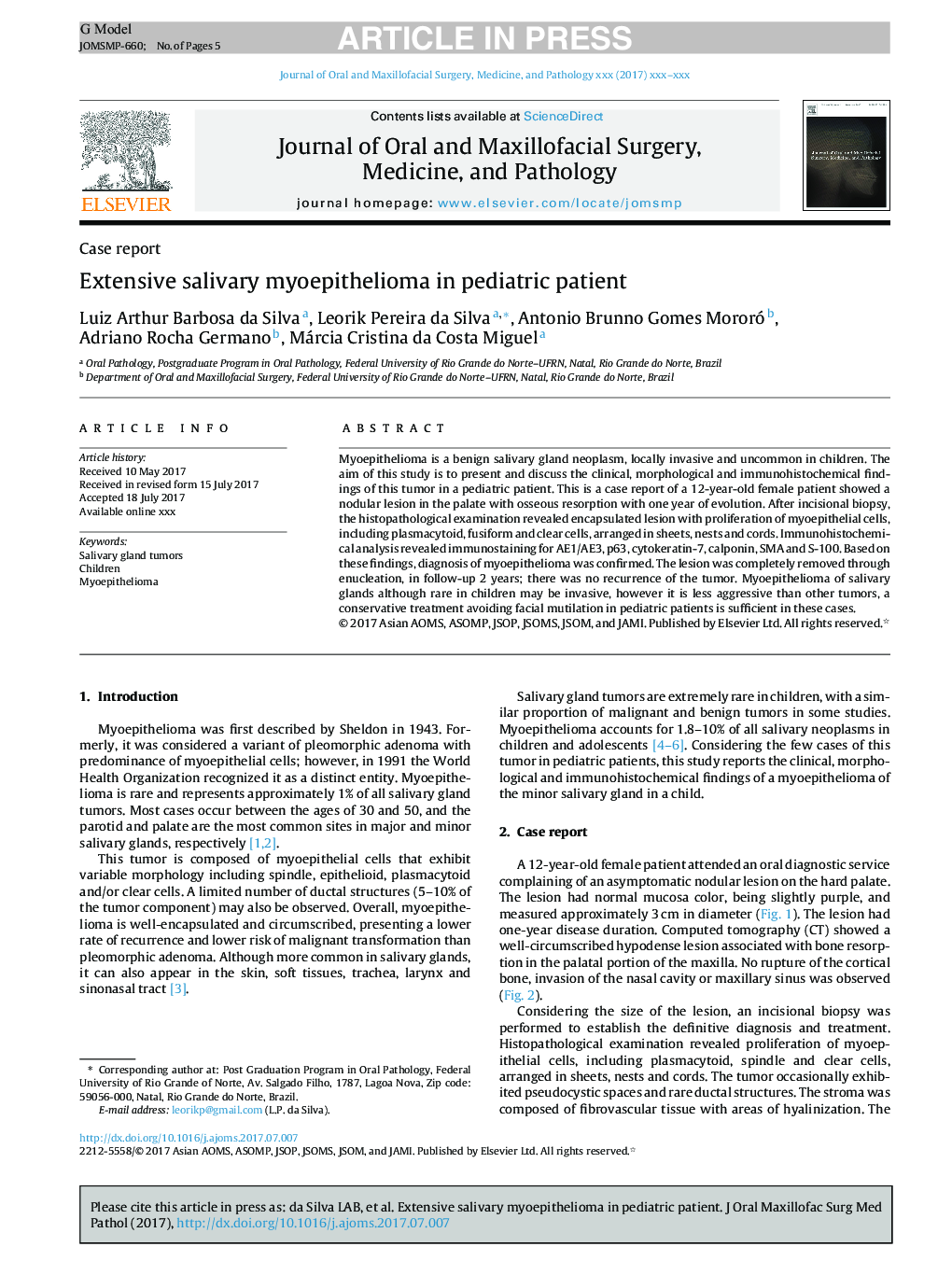 Extensive salivary myoepithelioma in pediatric patient