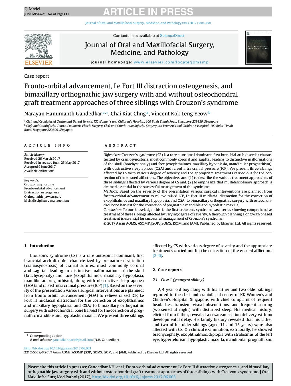 Fronto-orbital advancement, Le Fort III distraction osteogenesis, and bimaxillary orthognathic jaw surgery with and without osteochondral graft treatment approaches of three siblings with Crouzon's syndrome