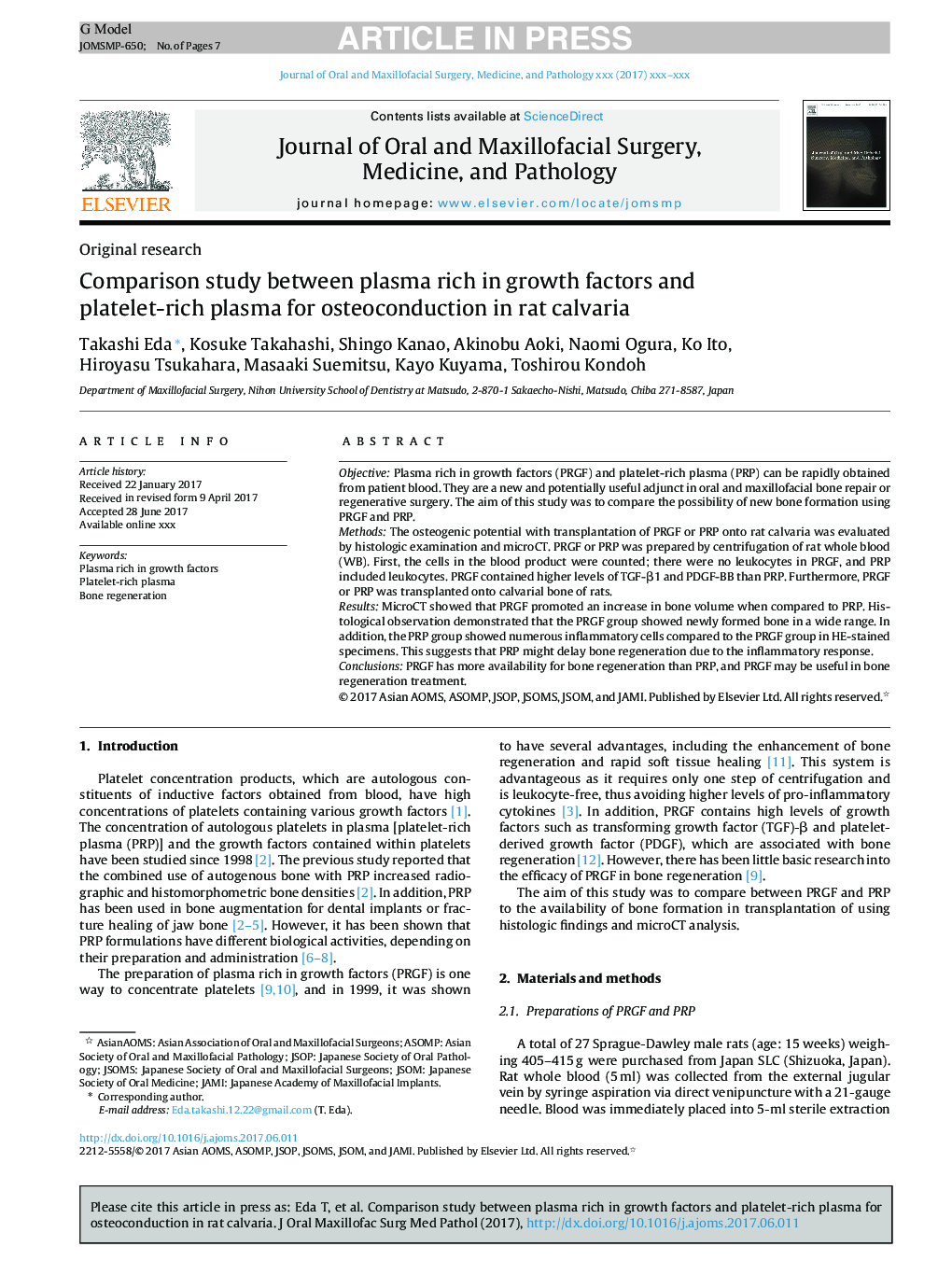Comparison study between plasma rich in growth factors and platelet-rich plasma for osteoconduction in rat calvaria