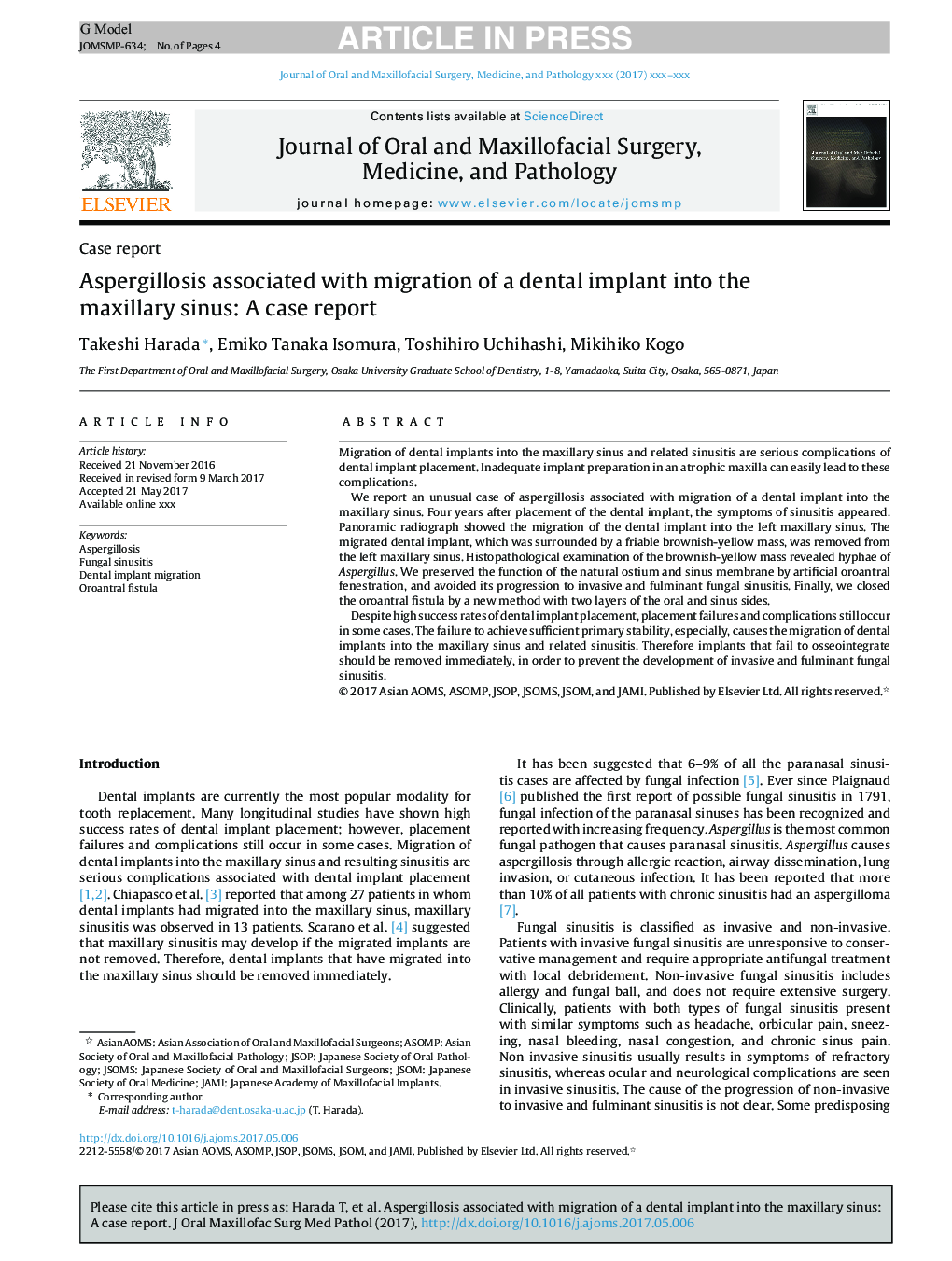 Aspergillosis associated with migration of a dental implant into the maxillary sinus: A case report