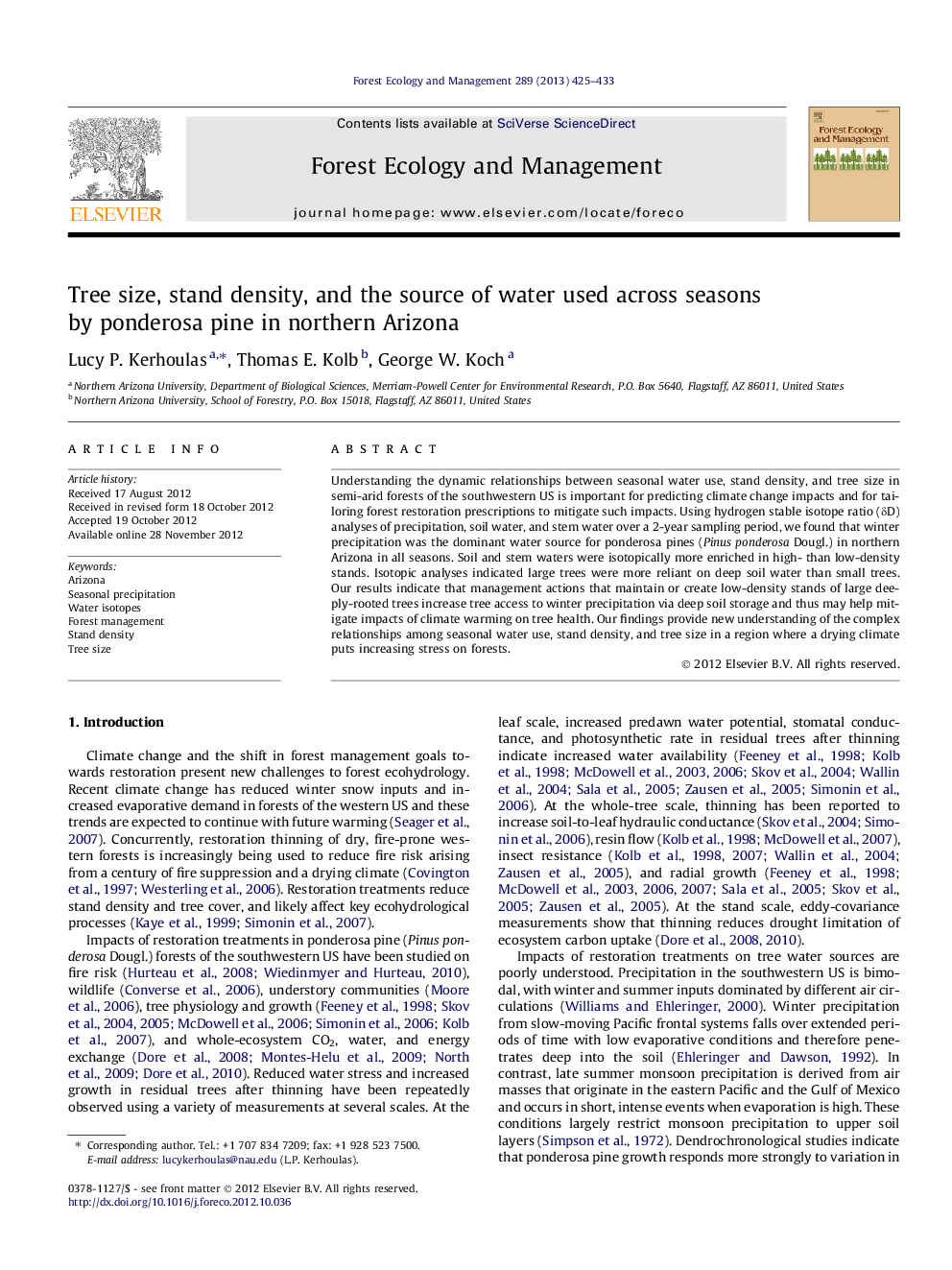 Tree size, stand density, and the source of water used across seasons by ponderosa pine in northern Arizona