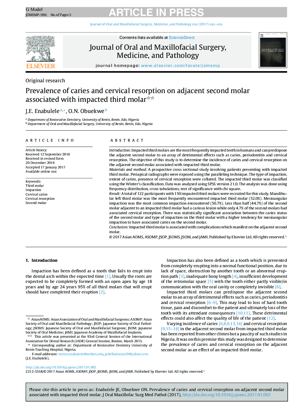 Prevalence of caries and cervical resorption on adjacent second molar associated with impacted third molar