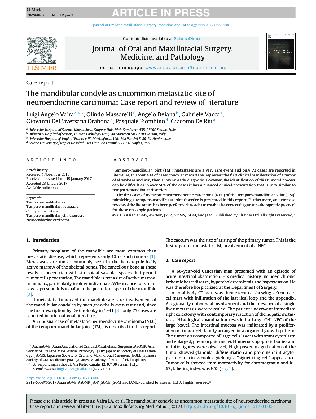 The mandibular condyle as uncommon metastatic site of neuroendocrine carcinoma: Case report and review of literature