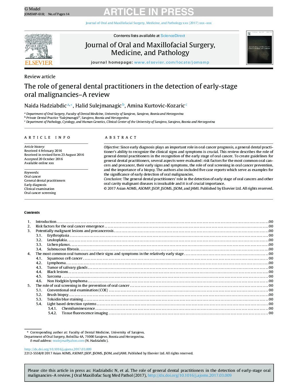 The role of general dental practitioners in the detection of early-stage oral malignancies-A review