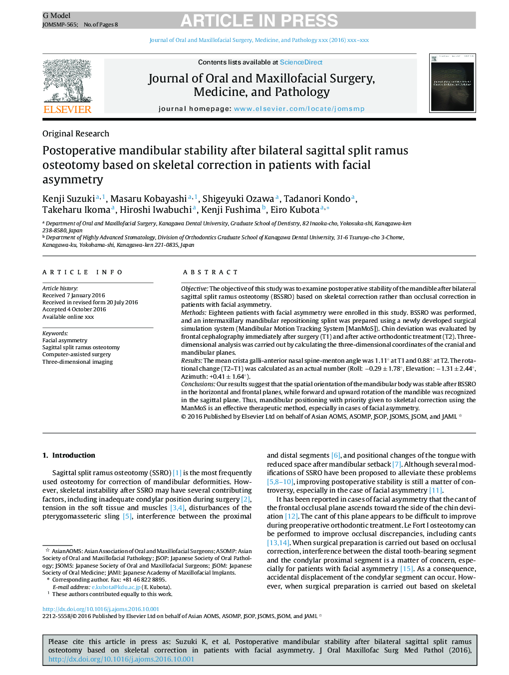 Postoperative mandibular stability after bilateral sagittal split ramus osteotomy based on skeletal correction in patients with facial asymmetry