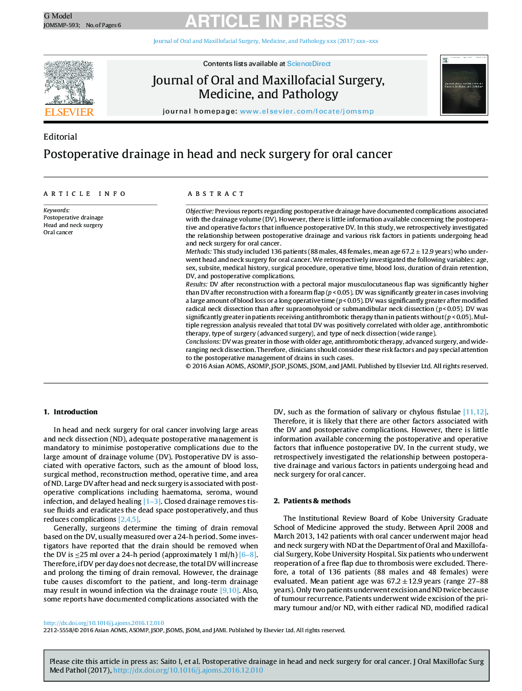 Postoperative drainage in head and neck surgery for oral cancer