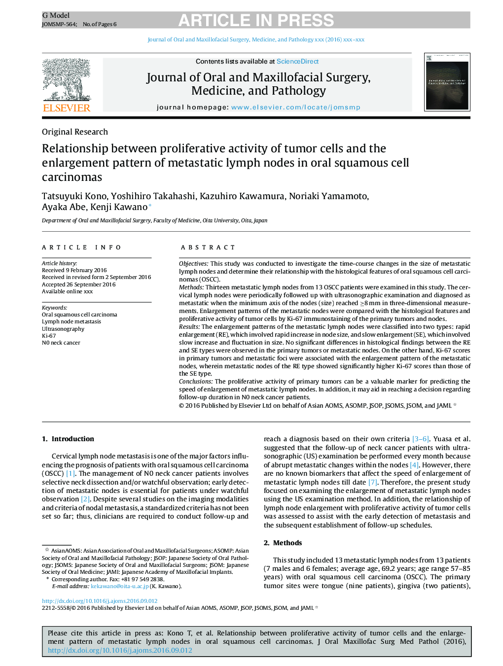 Relationship between proliferative activity of tumor cells and the enlargement pattern of metastatic lymph nodes in oral squamous cell carcinomas