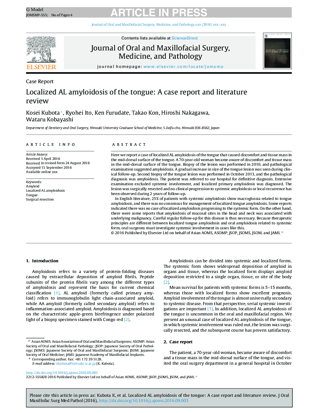 Localized AL amyloidosis of the tongue: A case report and literature review