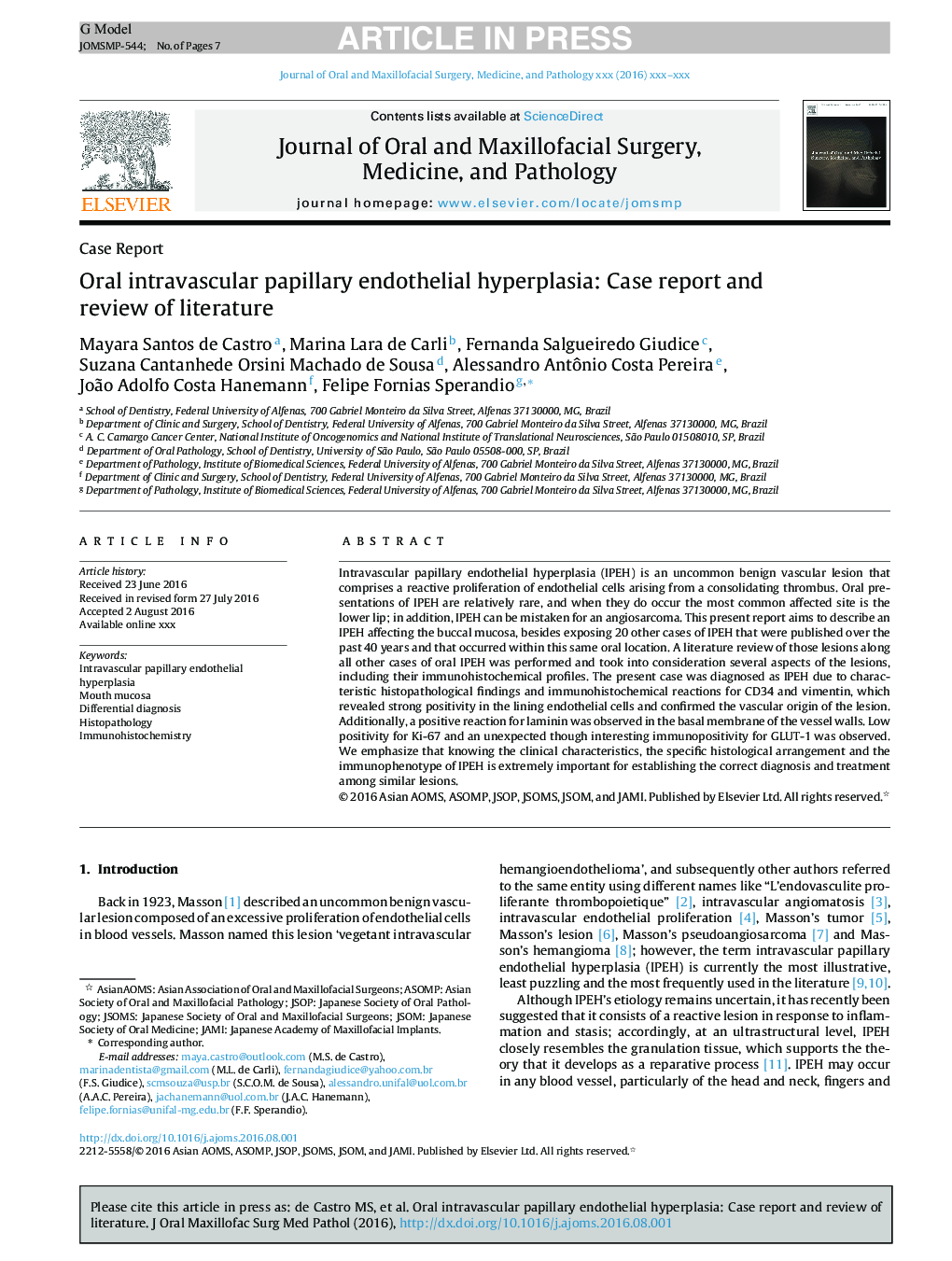 Oral intravascular papillary endothelial hyperplasia: Case report and review of literature