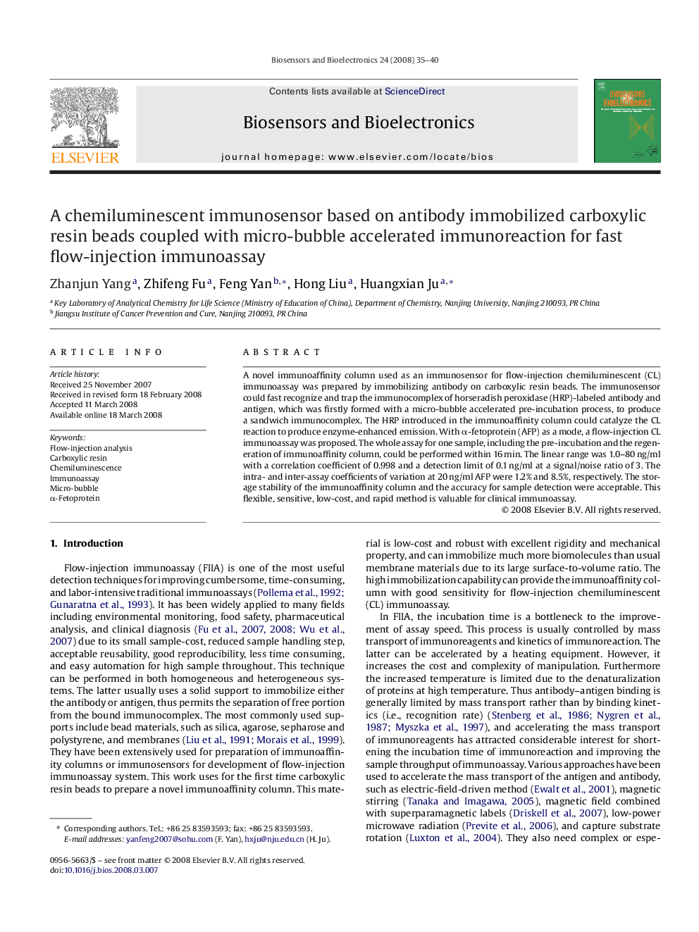 A chemiluminescent immunosensor based on antibody immobilized carboxylic resin beads coupled with micro-bubble accelerated immunoreaction for fast flow-injection immunoassay