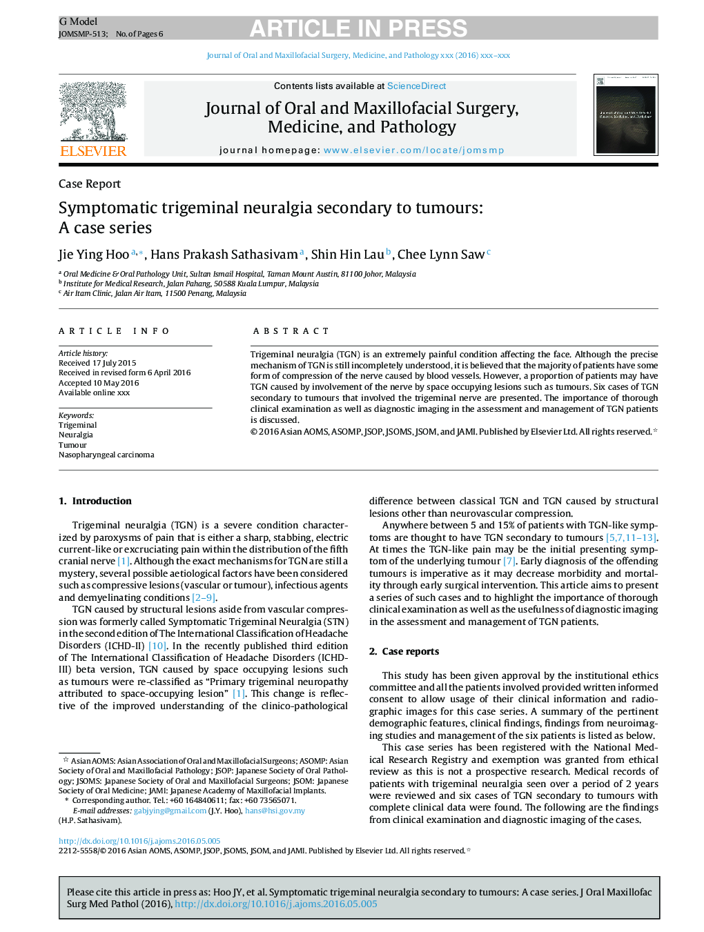 Symptomatic trigeminal neuralgia secondary to tumours: A case series