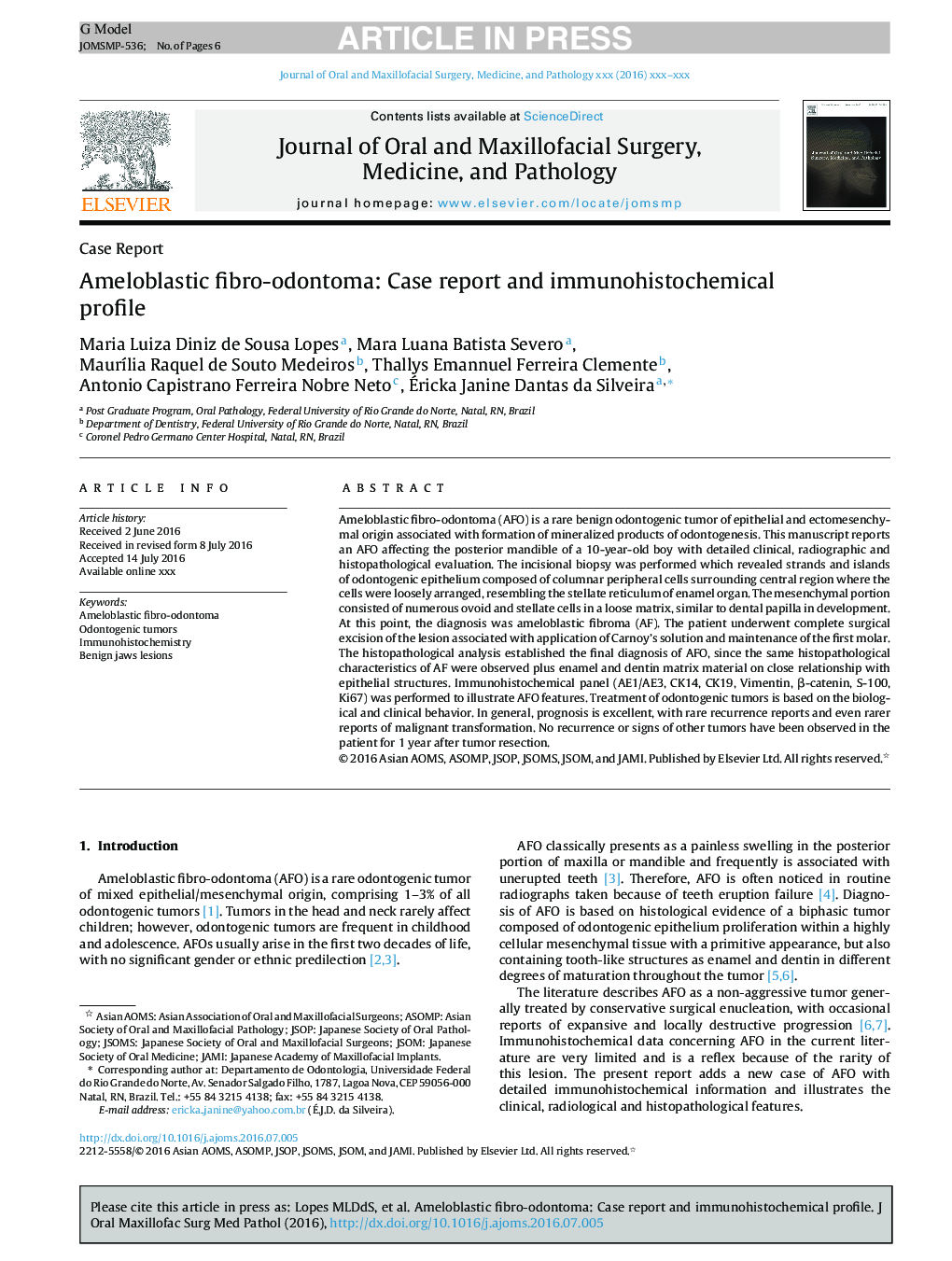 Ameloblastic fibro-odontoma: Case report and immunohistochemical profile