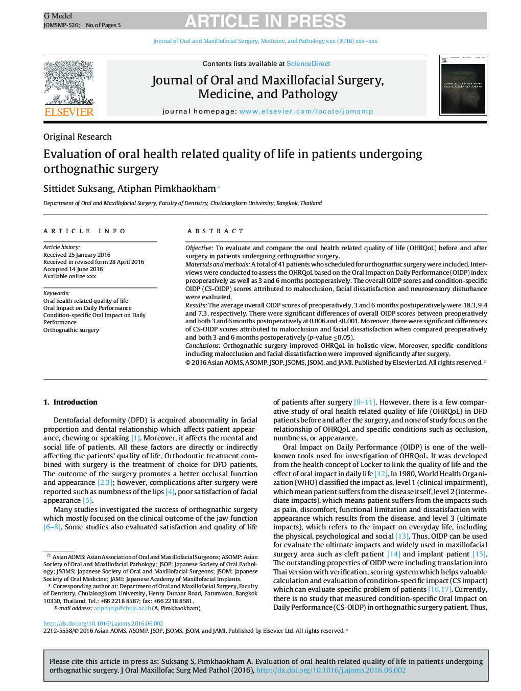 Evaluation of oral health related quality of life in patients undergoing orthognathic surgery