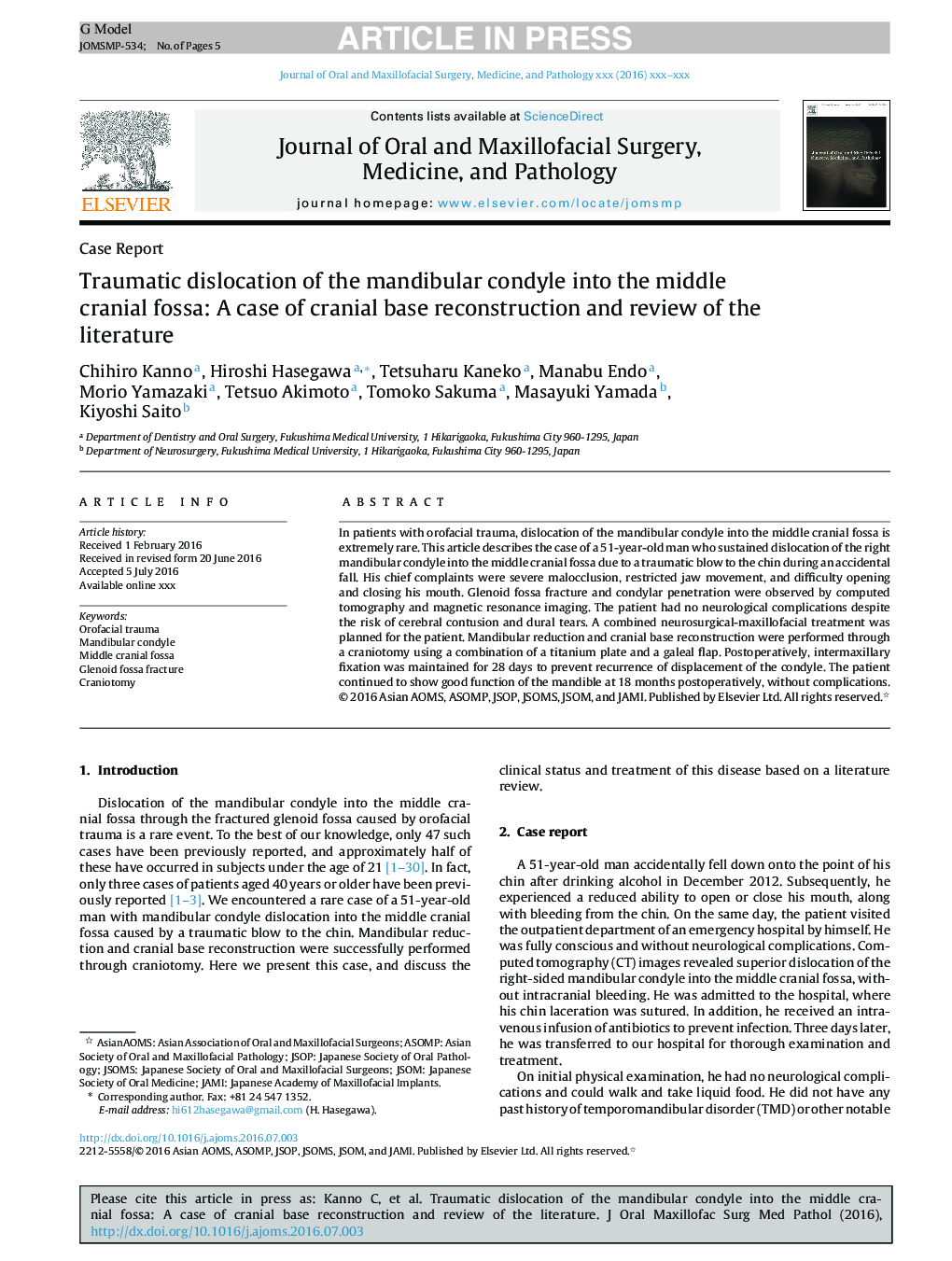 Traumatic dislocation of the mandibular condyle into the middle cranial fossa: A case of cranial base reconstruction and review of the literature