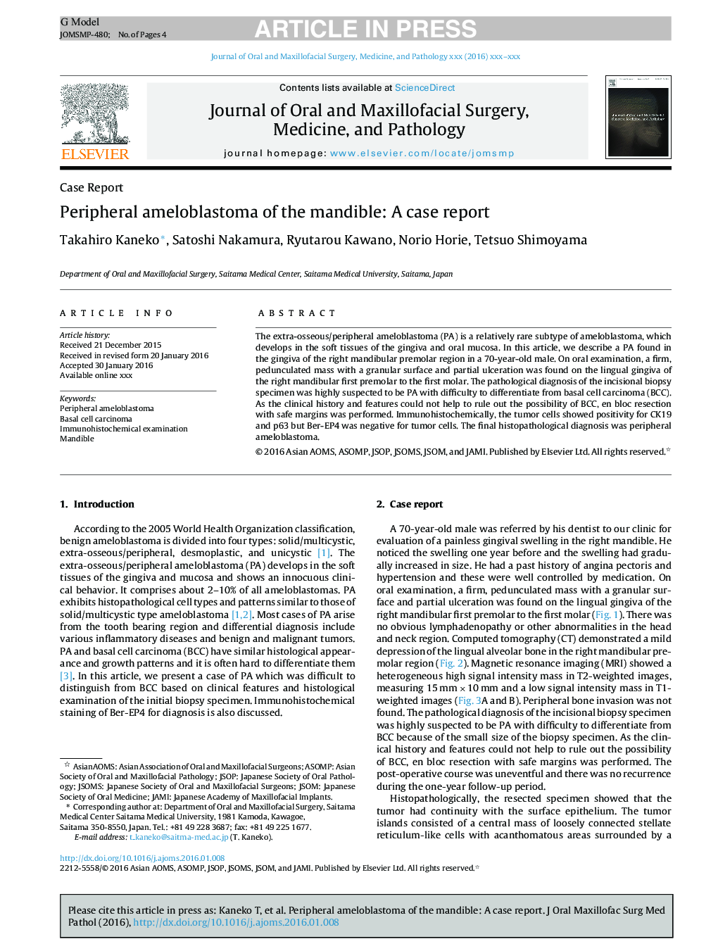 Peripheral ameloblastoma of the mandible: A case report