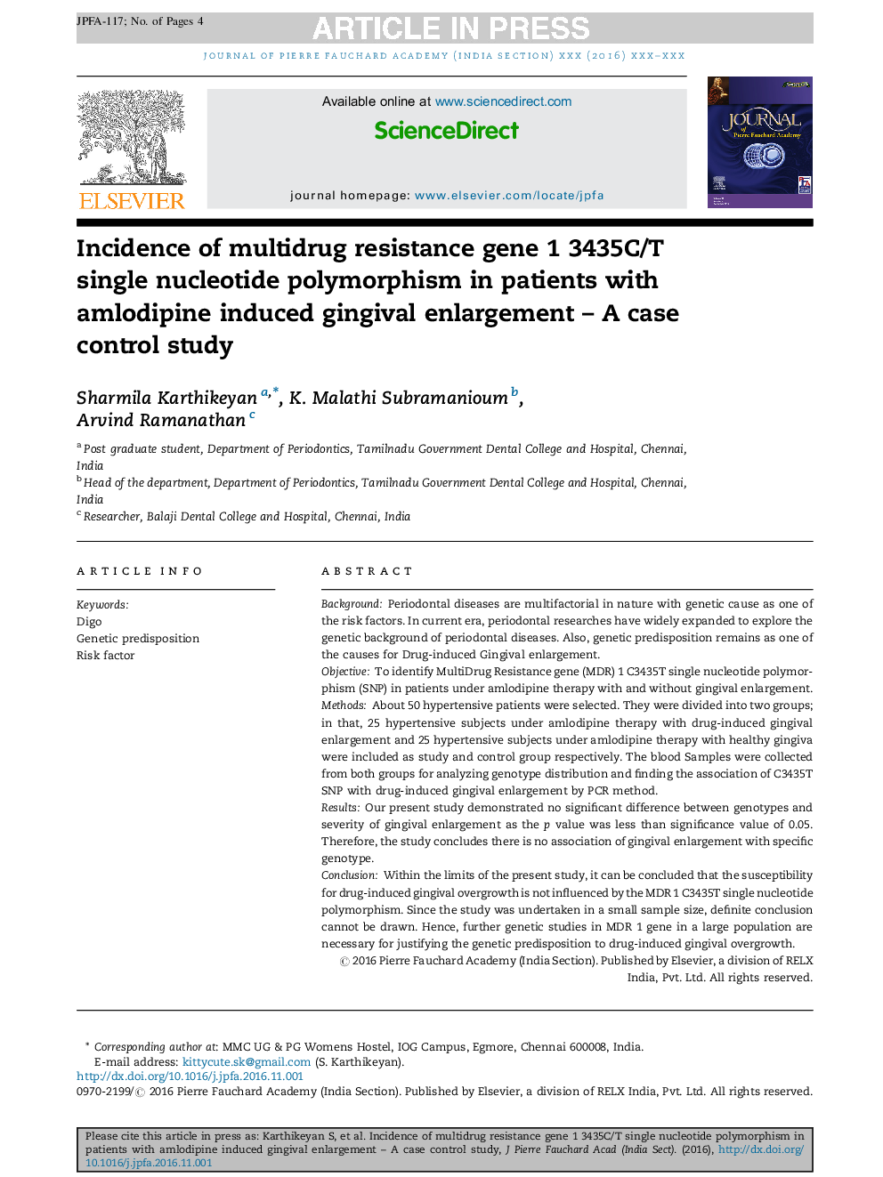 Incidence of multidrug resistance gene 1 3435C/T single nucleotide polymorphism in patients with amlodipine induced gingival enlargement - A case control study