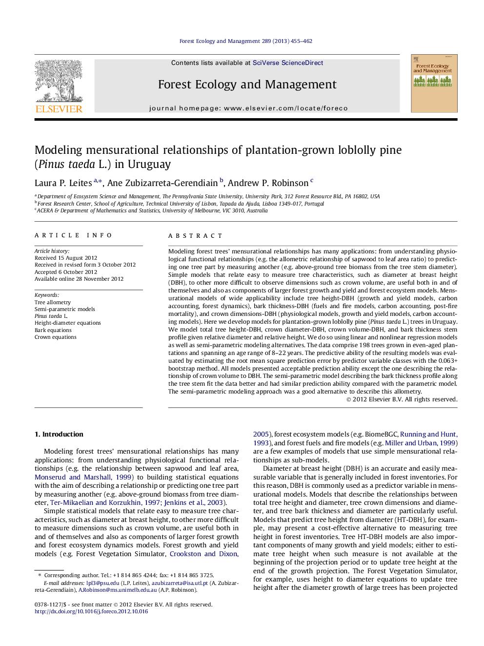 Modeling mensurational relationships of plantation-grown loblolly pine (Pinus taeda L.) in Uruguay