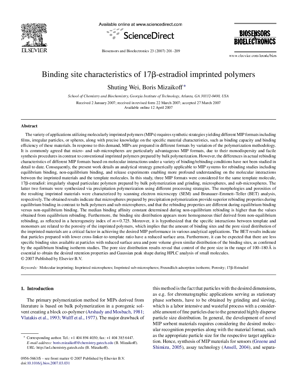 Binding site characteristics of 17β-estradiol imprinted polymers