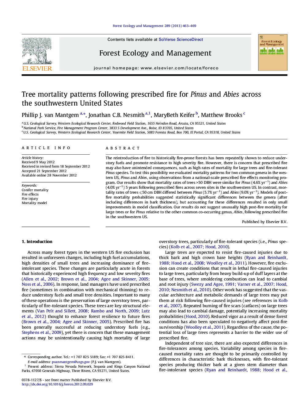 Tree mortality patterns following prescribed fire for Pinus and Abies across the southwestern United States