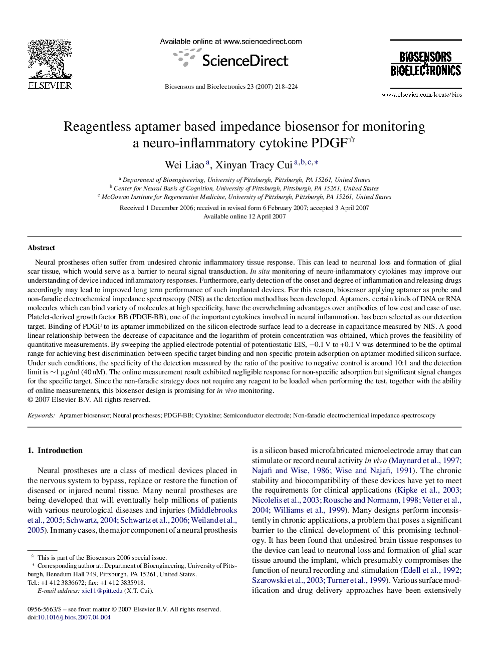 Reagentless aptamer based impedance biosensor for monitoring a neuro-inflammatory cytokine PDGF 