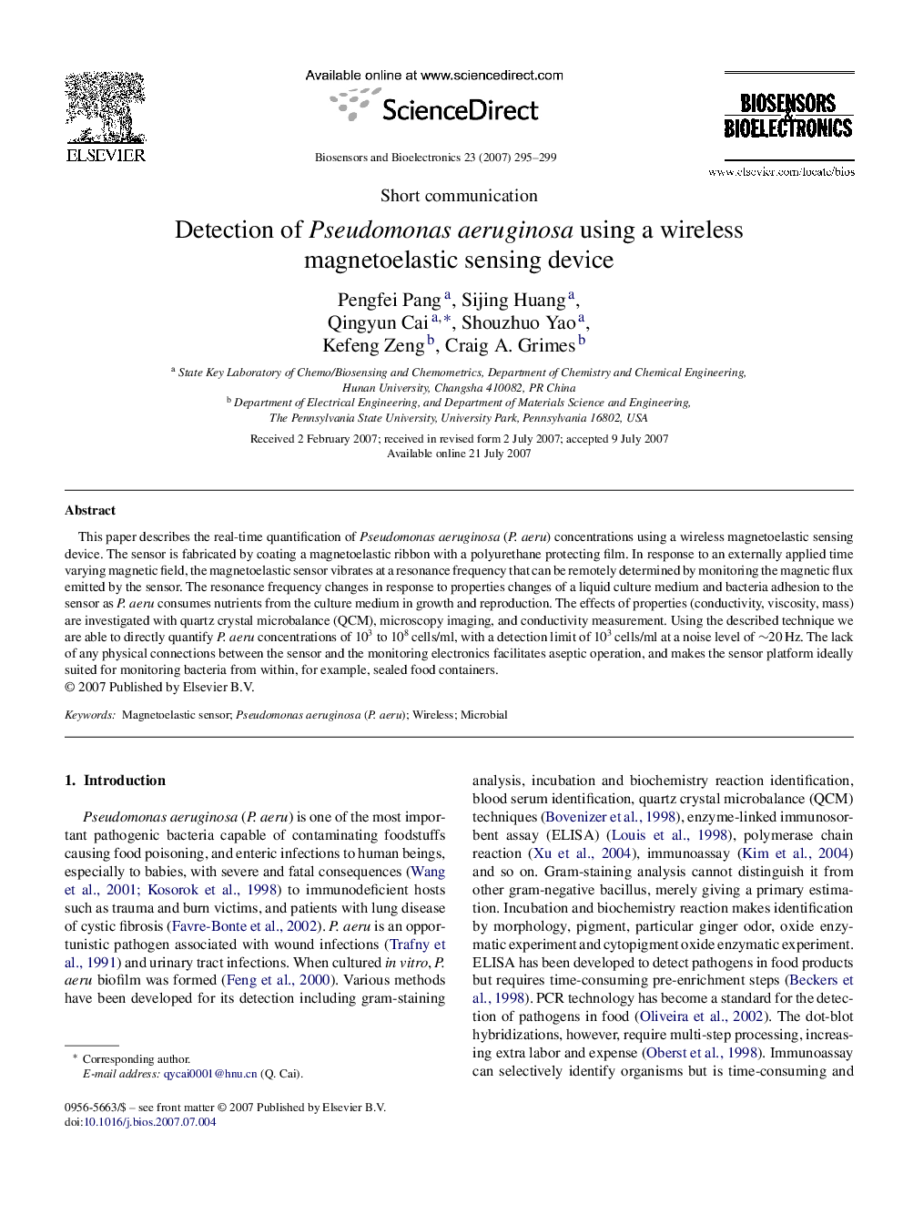 Detection of Pseudomonas aeruginosa using a wireless magnetoelastic sensing device