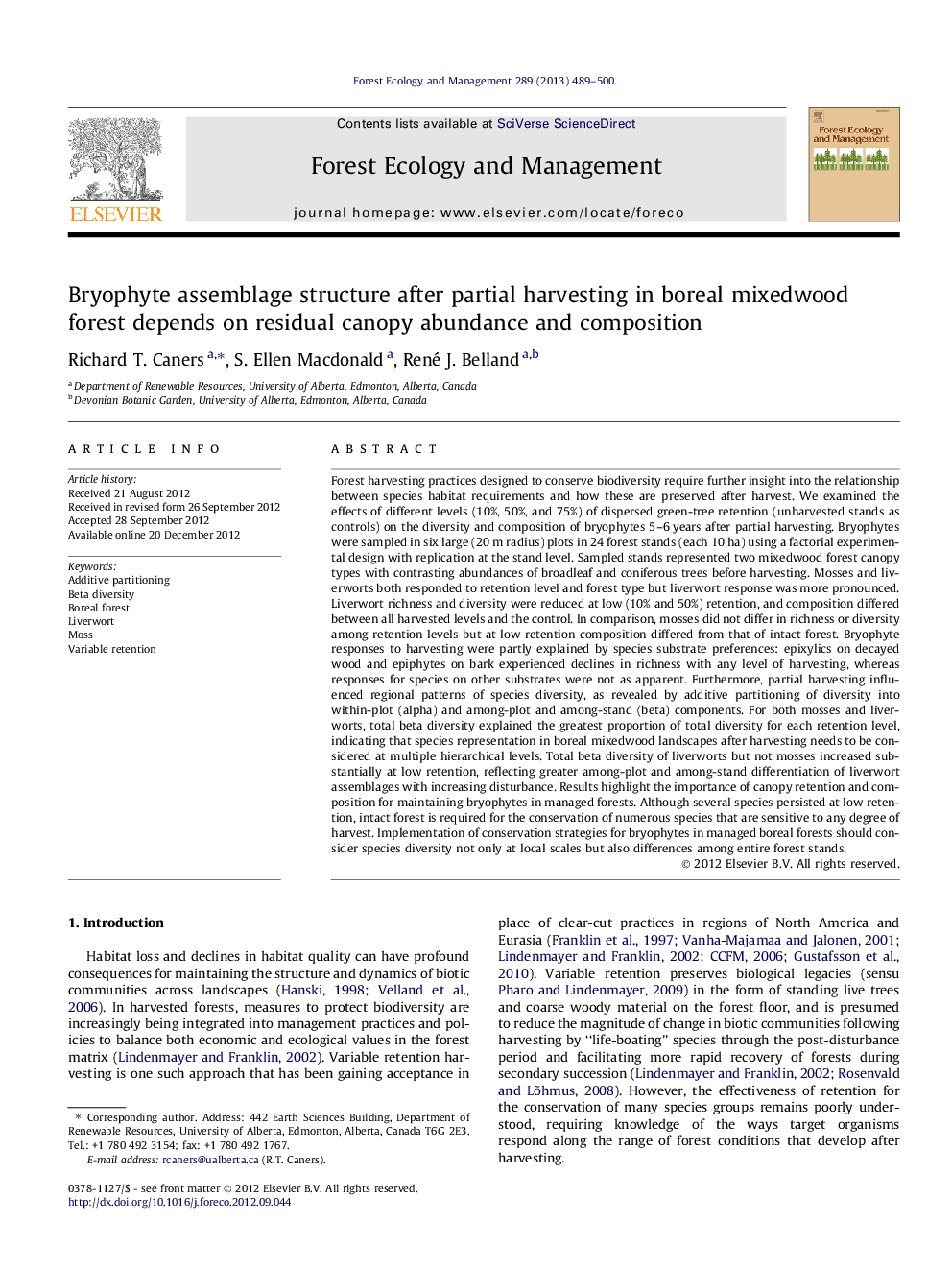 Bryophyte assemblage structure after partial harvesting in boreal mixedwood forest depends on residual canopy abundance and composition