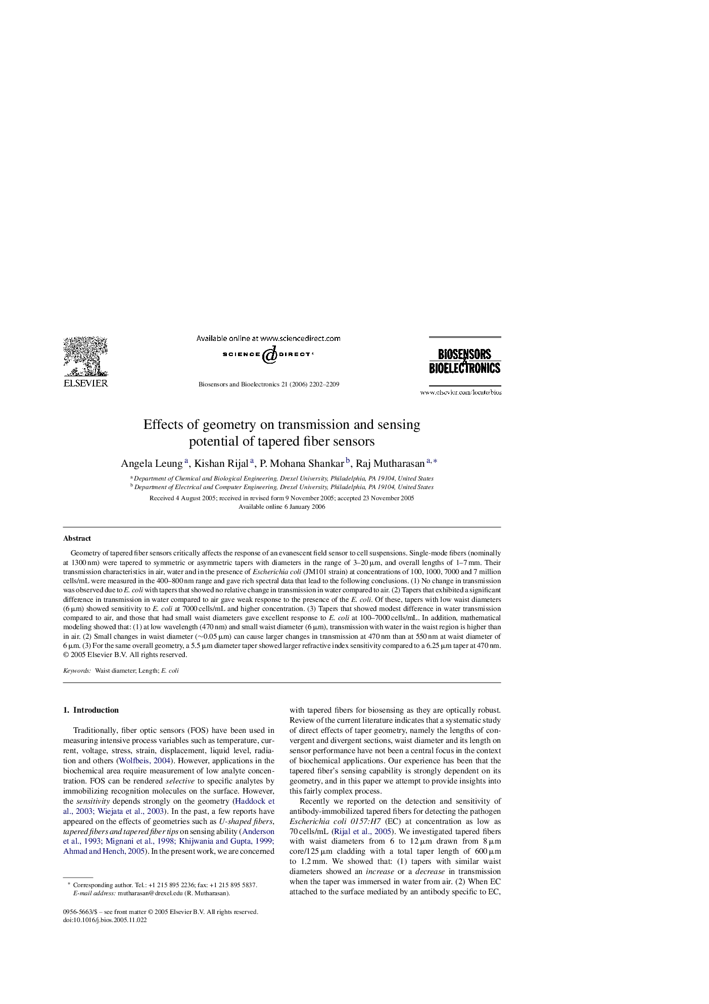 عکس صفحه اول مقاله: Effects of geometry on transmission and sensing potential of tapered fiber sensors Effects of geometry on transmission and sensing potential of tapered fiber sensors