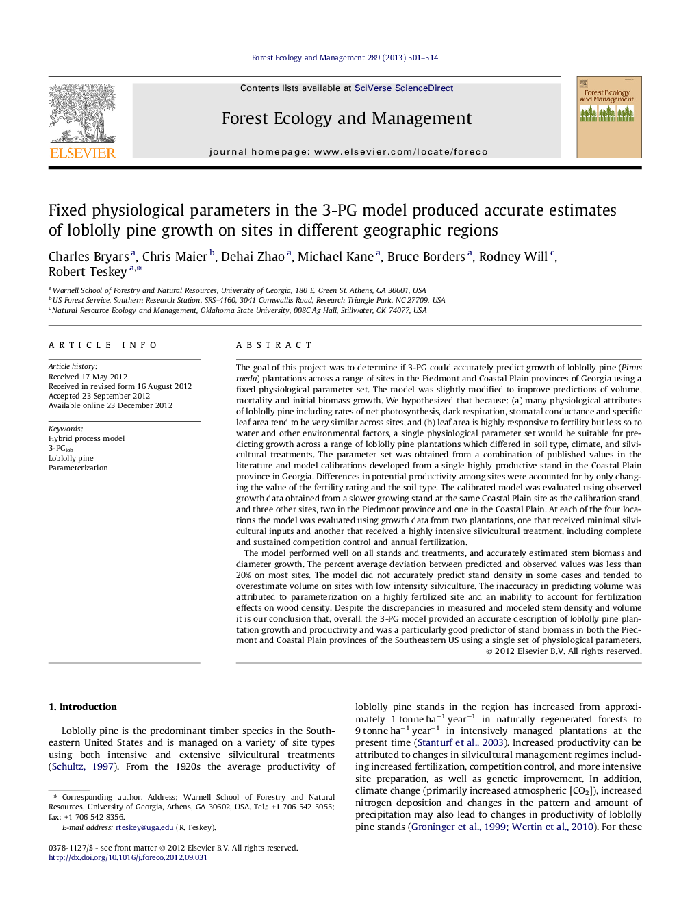 Fixed physiological parameters in the 3-PG model produced accurate estimates of loblolly pine growth on sites in different geographic regions