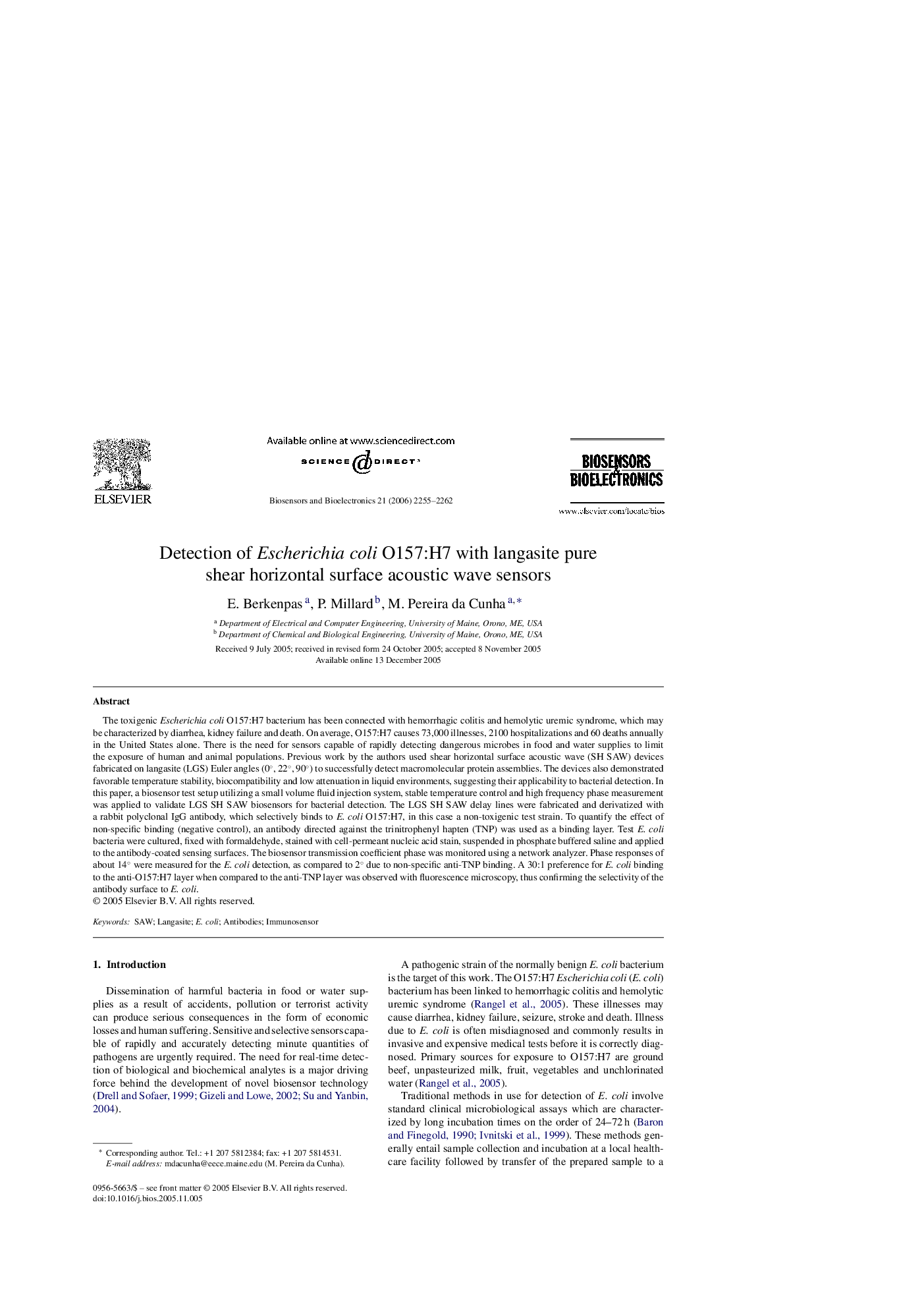 عکس صفحه اول مقاله: Detection of Escherichia coli O157:H7 with langasite pure shear horizontal surface acoustic wave sensors Detection of Escherichia coli O157:H7 with langasite pure shear horizontal surface acoustic wave sensors
